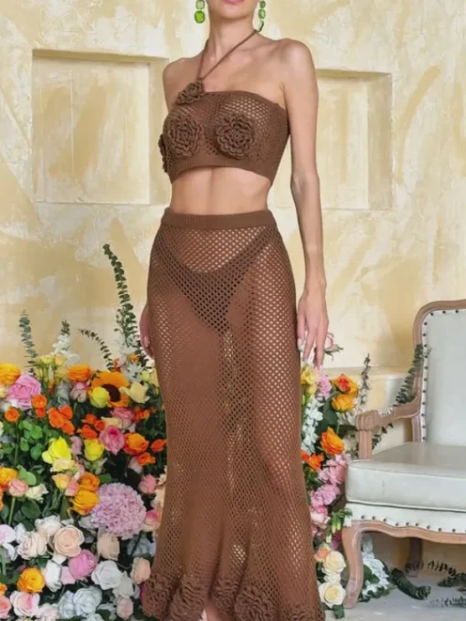 Sets & Co-ords*Mew Mews Fashion Jyxaris Halterneck Flower Knitted Skirt Set