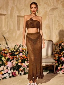Sets & Co-ords*Mew Mews Fashion Jyxaris Halterneck Flower Knitted Skirt Set