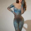 Jumpsuits & Romper*Jiu Bajia O/S Kabir Rhinestone Mesh Jumpsuit In Blue