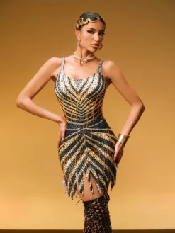 Dresses | Mini Dresses*W Jia O/S Kairos Spaghetti Rhinestone Fringe Mini Dress
