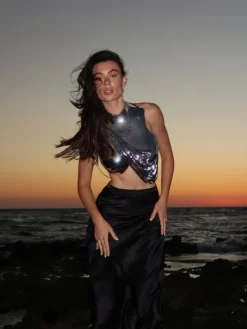Armor Tops*Mew Mews Fashion O/S Kari Sleeveless Drapery Armor Top In Silver