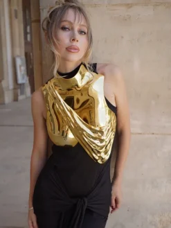 Armor Tops*Mew Mews Fashion O/S Kari Sleeveless Drapery Armor Top In Gold