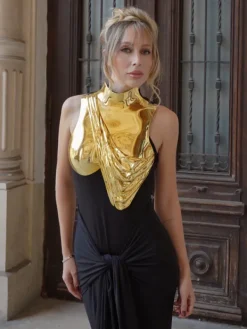 Armor Tops*Mew Mews Fashion O/S Kari Sleeveless Drapery Armor Top In Gold