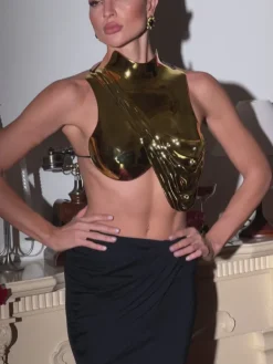 Armor Tops | Tops*Mew Mews Fashion O/S Kari Sleeveless Drapery Armor Top In Gold