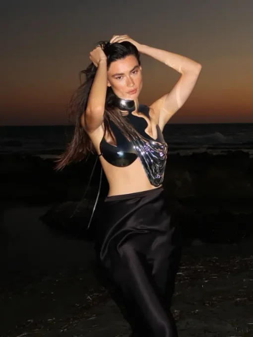 Armor Tops*Mew Mews Fashion O/S Kari Sleeveless Drapery Armor Top In Silver