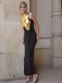 Armor Tops*Mew Mews Fashion O/S Kari Sleeveless Drapery Armor Top In Gold