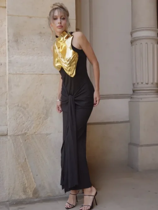 Armor Tops*Mew Mews Fashion O/S Kari Sleeveless Drapery Armor Top In Gold