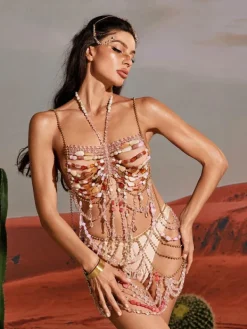 Beaded Wear*Mew Mews Fashion O/S Keita Gemstone Chain Beaded Skirt Set