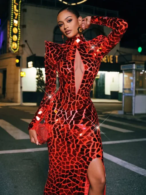 Embellishment | Dresses*Embellishment Kellan Long Sleeve Embellished Split Maxi Dress In Red