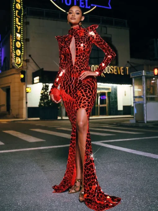 Embellishment | Dresses*Embellishment Kellan Long Sleeve Embellished Split Maxi Dress In Red