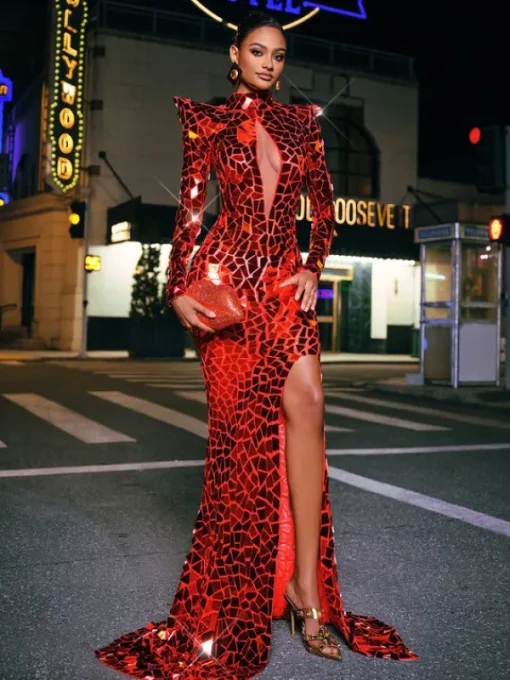 Embellishment | Dresses*Embellishment Kellan Long Sleeve Embellished Split Maxi Dress In Red