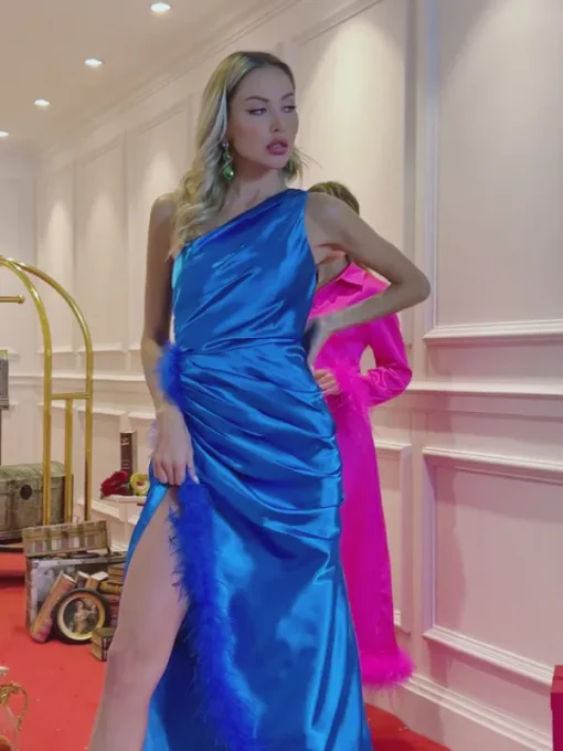 Dresses*Mew Mews Fashion Kenai One Shoulder Feather Satin Tulip Dress