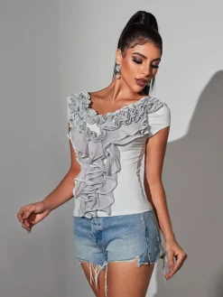 Tops*Mew Mews Fashion Khalon V Neck Ruffle Trimmed Top