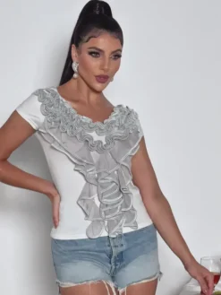 Tops*Mew Mews Fashion Khalon V Neck Ruffle Trimmed Top