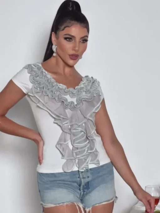 Tops*Mew Mews Fashion Khalon V Neck Ruffle Trimmed Top