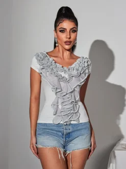 Tops*Mew Mews Fashion Khalon V Neck Ruffle Trimmed Top