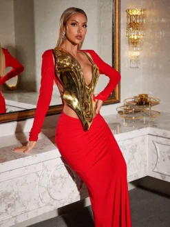 Armor Tops*Mew Mews Fashion O/S Kiaan Deep V Dapery Armor Top In Gold