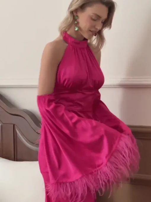 Dresses*Mew Mews Fashion Knute Halterneck Feather Satin Dress In Hot Pink