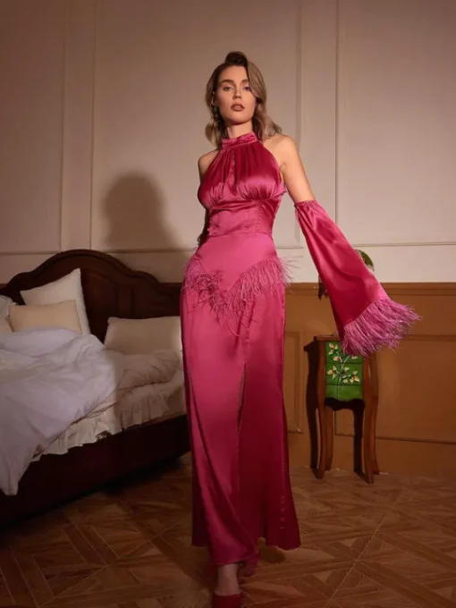 Dresses*Mew Mews Fashion Knute Halterneck Feather Satin Dress In Hot Pink
