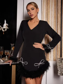 Dresses*Mew Mews Fashion Koko Long Sleeve Bow Crystal Feather Dress