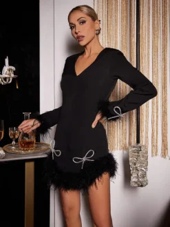 Dresses*Mew Mews Fashion Koko Long Sleeve Bow Crystal Feather Dress
