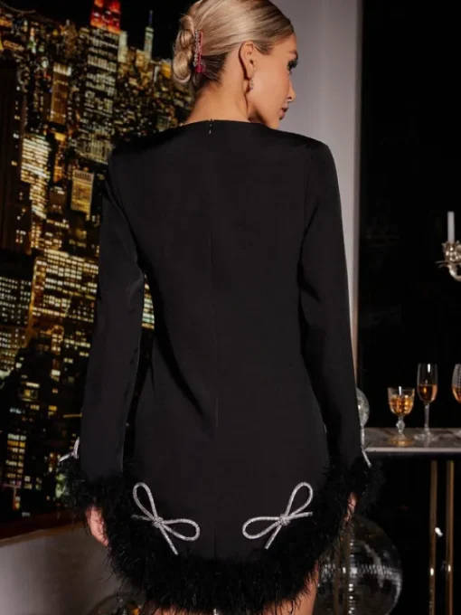 Dresses*Mew Mews Fashion Koko Long Sleeve Bow Crystal Feather Dress