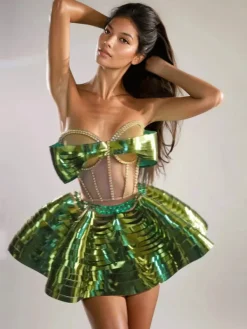 Sets & Co-ords*Jiu Bajia O/S Kretska Crystal Metallic Skirt Set In Green