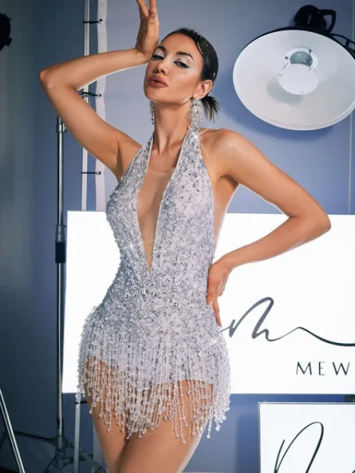 Bodysuits | Tops*Embellishment Lachlan Halterneck Rhinestone Fringe Bodysuit