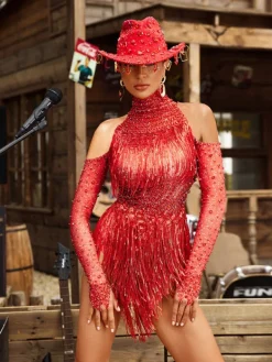 Bodysuits | Tops*Embellishment Lakendra Long Sleeve Crystal Fringe Bodysuit