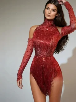 Bodysuits | Tops*Embellishment Lakendra Long Sleeve Crystal Fringe Bodysuit