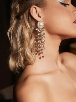 Earrings*Mew Mews Fashion Leta Pearl Crystal Tassel Earrings