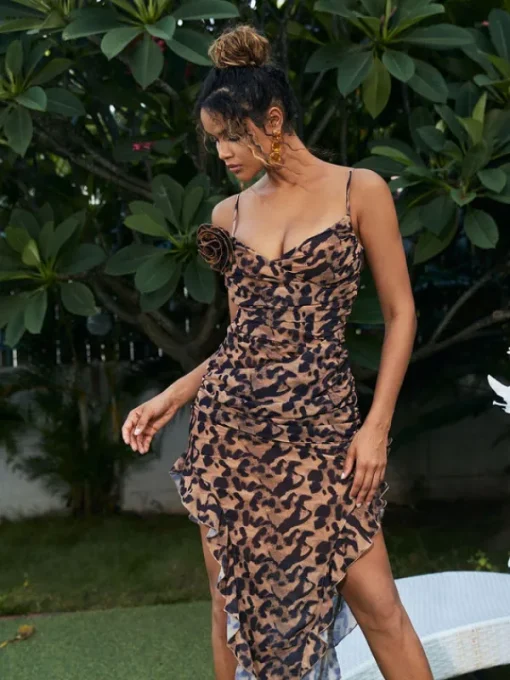 Dresses*Mew Mews Fashion Leylani Flower Ruffle Leopard Printed Midi Dress