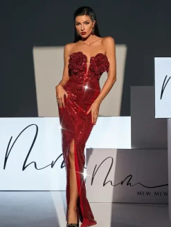 Embellishment | Dresses*Lu Yili Lorelei Strapless Flower Sequin Split Dress In Wine