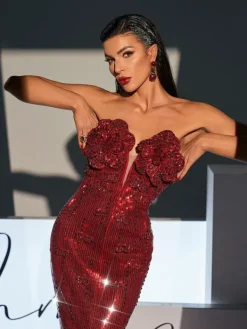Embellishment | Dresses*Lu Yili Lorelei Strapless Flower Sequin Split Dress In Wine
