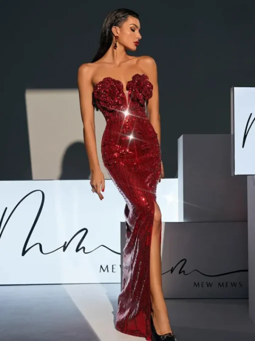 Embellishment | Dresses*Lu Yili Lorelei Strapless Flower Sequin Split Dress In Wine