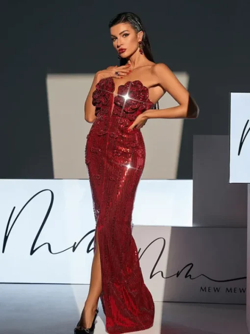 Embellishment | Dresses*Lu Yili Lorelei Strapless Flower Sequin Split Dress In Wine