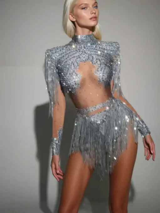 Bodysuits | Tops*Jiu Bajia O/S Lorvain Rhinestone Fringe Bodysuit In Silver