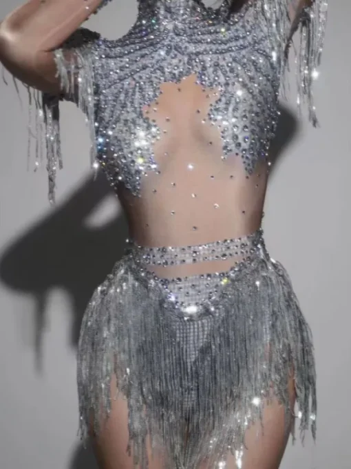 Bodysuits | Tops*Jiu Bajia O/S Lorvain Rhinestone Fringe Bodysuit In Silver