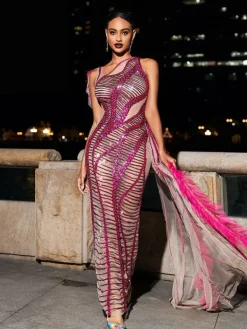 Embellishment | Dresses*Embellishment Lyda Draped Cutout Sequin Mesh Dress In Hot Pink