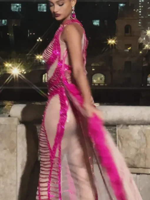 Embellishment | Dresses*Embellishment Lyda Draped Cutout Sequin Mesh Dress In Hot Pink