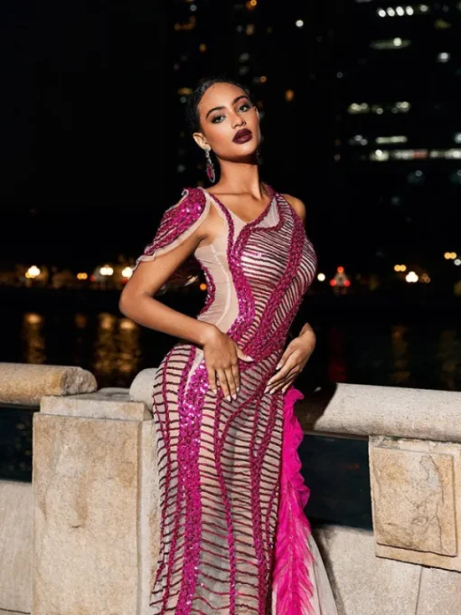 Embellishment | Dresses*Embellishment Lyda Draped Cutout Sequin Mesh Dress In Hot Pink