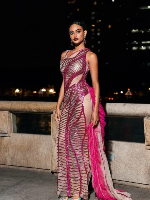 Embellishment | Dresses*Embellishment Lyda Draped Cutout Sequin Mesh Dress In Hot Pink