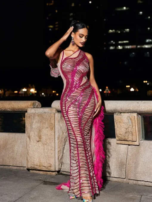 Embellishment | Dresses*Embellishment Lyda Draped Cutout Sequin Mesh Dress In Hot Pink