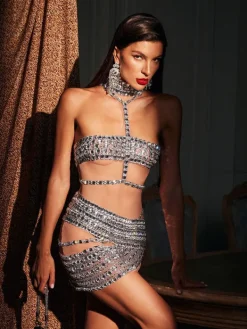 Embellishment | Dresses*Embellishment O/S Mafalda High Neck Rhinestone Mesh Mini Dress