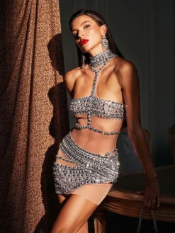 Embellishment | Dresses*Embellishment O/S Mafalda High Neck Rhinestone Mesh Mini Dress