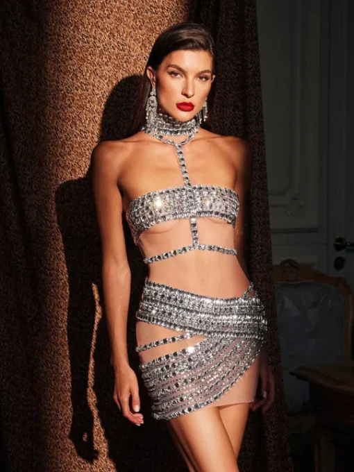 Embellishment | Dresses*Embellishment O/S Mafalda High Neck Rhinestone Mesh Mini Dress