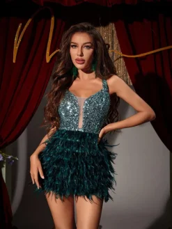 Dresses*Mew Mews Fashion Malachi Sequin Feather Mini Dress In Emerald