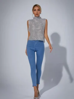 Tops*Mew Mews Fashion O/S Marilyn Split Chain Chainmail Top In Silver