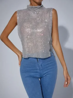 Tops*Mew Mews Fashion O/S Marilyn Split Chain Chainmail Top In Silver