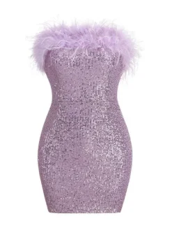 Dresses*Mew Mews Fashion Marin Strapless Feather Sequin Mini Dress In Violet